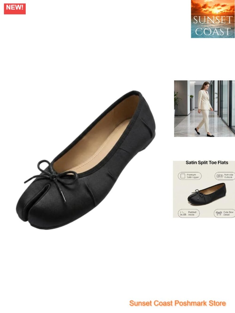 Satin Tabi Ballet Flats Bow Split Toe Wide Width Slip On Low Heel Comfortable